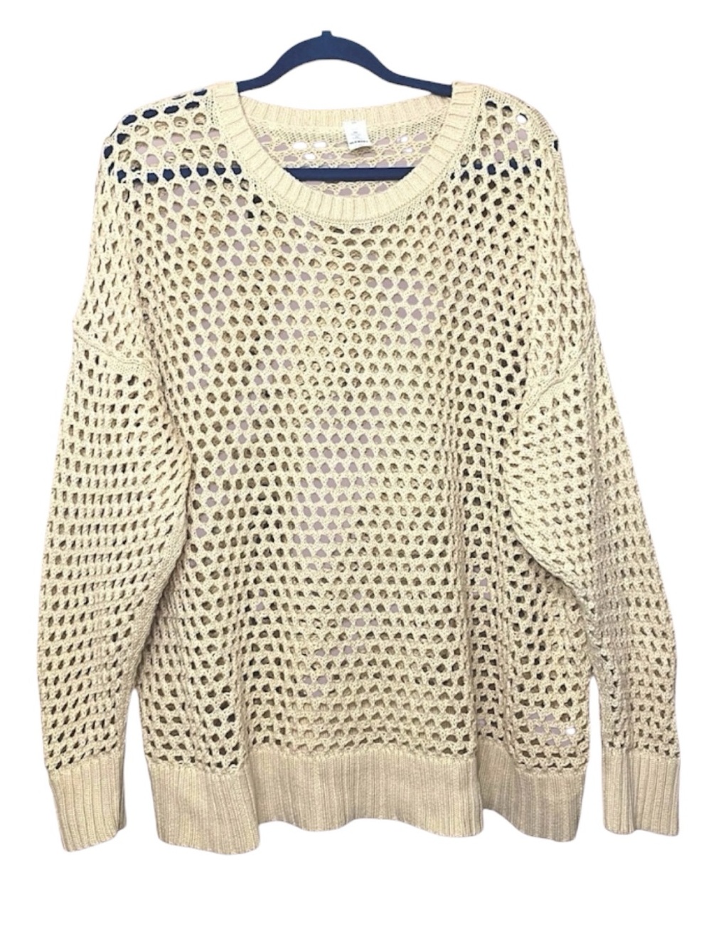 Beige Open-Knit Sweater Sz 3XL Slouchy Long Sleeve Cotton Boxy Coastal Pull Over